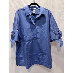 Chico's Shirt Blue Short Sleeve with Large Bows Womens XXL Preppy Collegiate